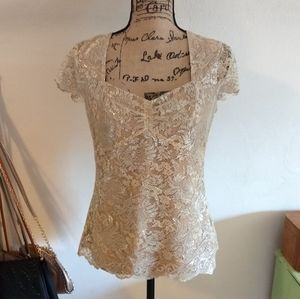 LOFT Beautiful Gold Lace Holiday Blouse Size 4